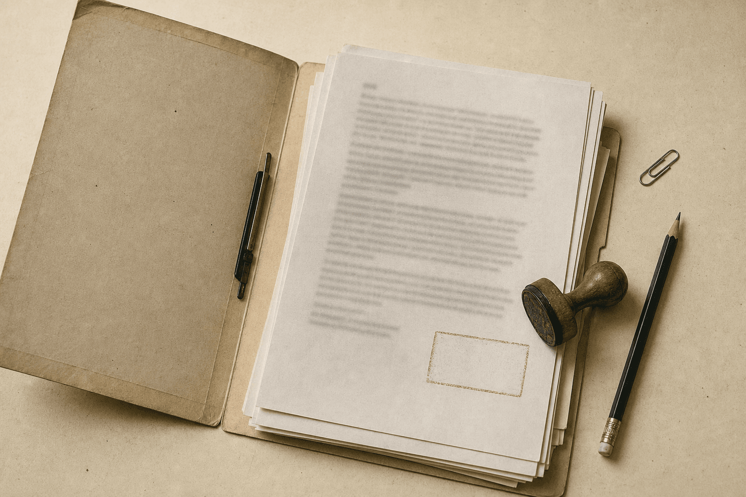 Un dossier ouvert, une pile de pages imprimées et un tampon posé près de son empreinte rouge.
